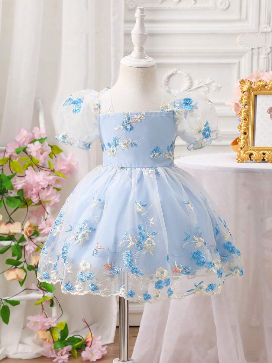 SHEIN Glamorique Kids 女婴 0-3 岁优雅公主花卉网眼泡泡袖粉色连衣裙，春夏