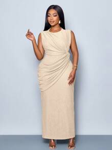 SOLERSUN Women's Fashion Slim Fit Pleated Sleeveless Solid Twist Front Bodycon Dress