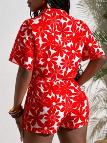 Slaydiva Women's Casual Vacation 2pcs Set - Red Floral Printed Shirt & Shorts,Holiday Outfits Boho Women Plus Size Clothes Women Plus Clothing Dresses Women Shirts Plus Size Women Blouses Plus Size Women Plus Size Outfits - Red and White - View 2