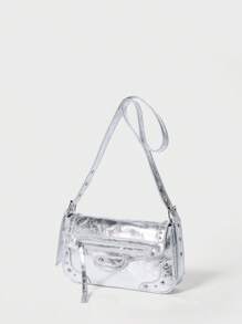 SHECARRY Bolsas femininas crossbody, PU, couro, outono, inverno, faculdade, escola, férias, estilo de rua, esportes, pernoite, namoro, Y2K, futuro, punk, estilo motociclista, doce, descolado, rua, esportivo, gaiola, prateado