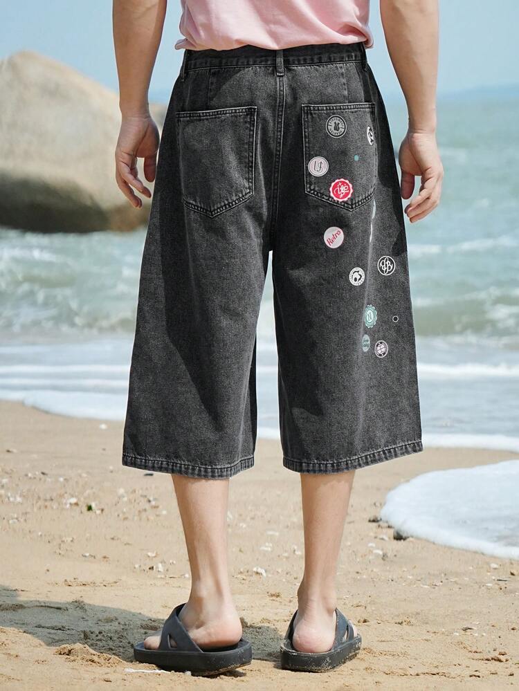 Summer Men's Small Print Logo Casual Denim Shorts