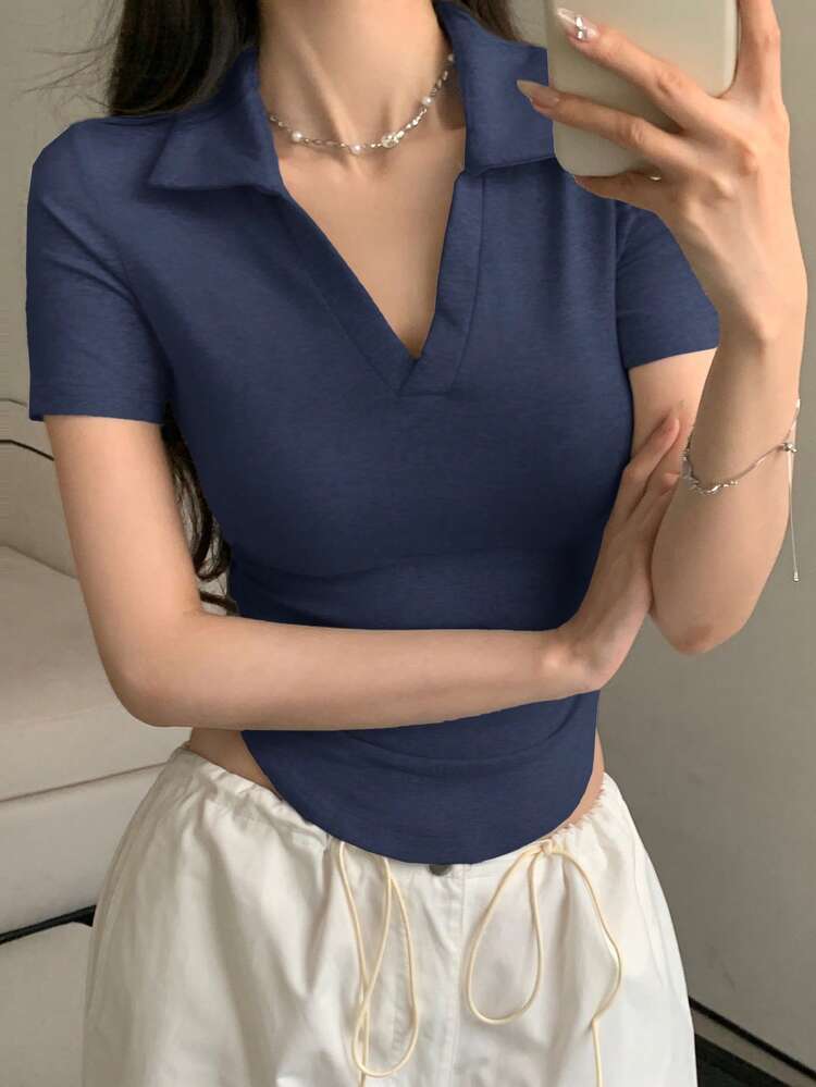 Women's Short Sleeve Polo Neck Fitted T-Shirt,Back To School Clothes