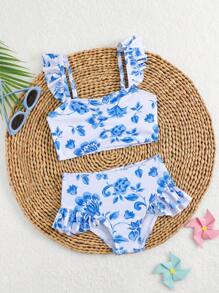 Young Girl Retro Blue Flower Print Ruffled Bikini, For Summer Vacation Beach - Multicolor - View 6