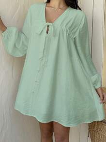 Sunnyshic Women's Casual Solid Color V-Neck Tie Bow Puff Sleeve Short Vacation Mini Dress, Versatile For Spring/Summer Day - Mint Green - View 3