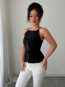 Elenzga Halloween Costume Black Bowknot Decor Waist Fitted Top For Women - Black - View 5