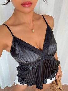 Rafferiza Camiseta interior cómoda de cuello en V con encaje floral negro sin espalda, para primavera/verano - Negro - Ver 6