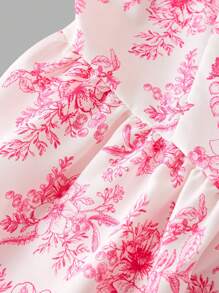 SHEIN Leap Crew Tween Girl Casual Ditsy Floral Pattern Square Neck Puff Sleeve Dress - Hot Pink - View 4