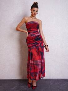 SHEIN Clasi 红色抽象印花性感浪漫褶饰修身长裙女款 - 紅色 - 查看 1