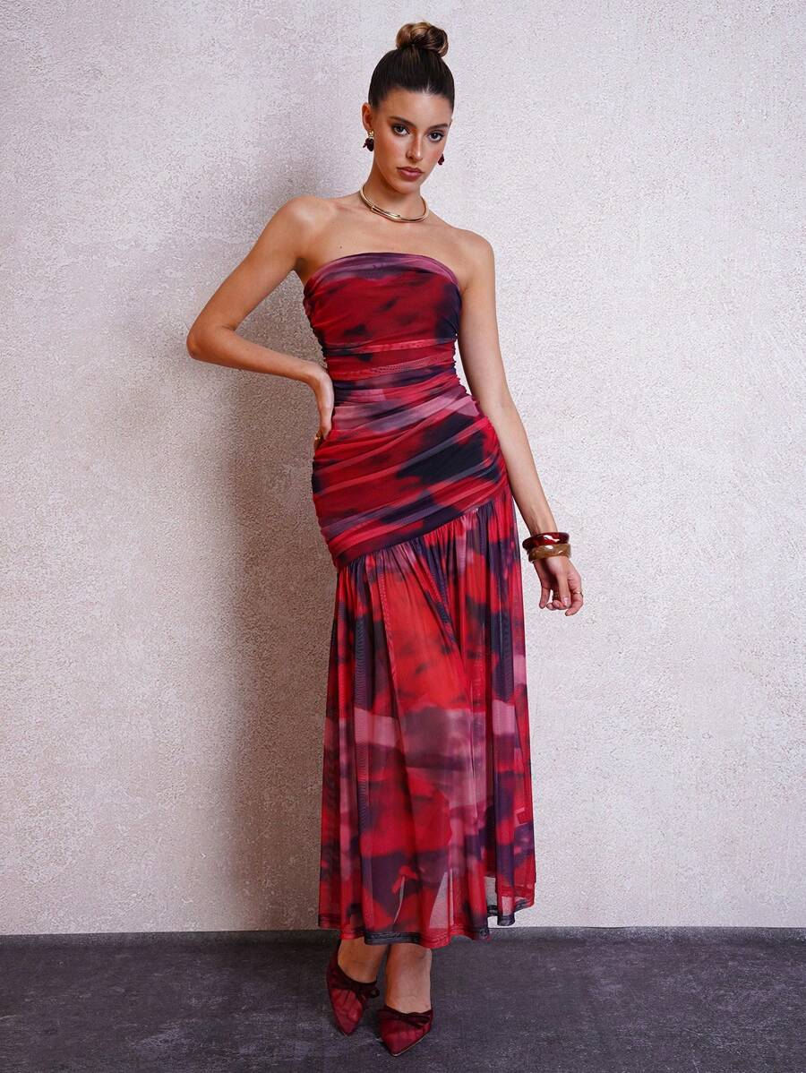 SHEIN Clasi 红色抽象印花性感浪漫褶饰修身长裙女款 - 紅色 - 查看 1