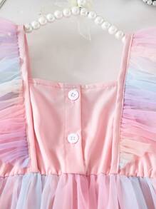 SHEIN Baby Girl   Fitted Cute Pink Woven Patchwork Colorful Mesh Ruffle Butterfly Trim Summer Dress - Multicolor - View 7