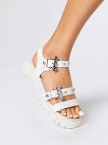 ROMWE Grunge Punk Women White Open Toe Platform Sandals, 4.5cm Thick Sole, Punk Metal Rivet Star Bat Buckle Decor, Adjustable Hook And Loop Strap, Casual Fashion, Suitable For Daily Wear, Students, Beach - White - View 6