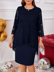 Miaspire 加大码女式圆领长袖蕾丝拼接弧形下摆双层优雅派对红色新年连衣裙、女士冬装、情人节 - 藏蓝色 - 查看 3