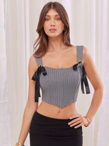 L'Amorae Elegant Gingham Sleeveless Summer Top With Satin Shoulder Tie Details, Summer For Women, Beach For Women, Brunch For Women, Mother's Day - Black - View 3