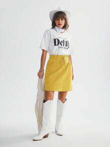 SHEIN LUNE Women's Solid Color Frill Hem Tie Waist Pocket Short Casual Skirt