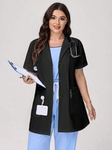 TaskEZ Chaqueta estilo bata de laboratorio de talla grande para mujer, de unicolor jaspeado, con solapa, manga corta, abotonadura sencilla y bolsillo, para uso profesional de enfermera