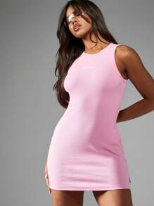 Missguided x Playboy Ribbed Tank Mini Dress Sleeveless Bodycon Form Fitting Athletic Racer Style Casual Summer Festival Spring Party Clubwear Street Fashion Car Racing - Pink - View 1