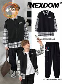 SHEIN Áo sơ mi cổ bẻ 2 trong 1 màu sắc đơn giản thường ngày dành cho bé trai tuổi teen, màu đen với họa tiết kẻ caro đen trắng, phù hợp cho mùa thu, đông, ấm áp, đại học, ở nhà, mặc hàng ngày, thể thao, tiệc sinh nhật, đi chơi, cơ bản và đa năng - Nhiều màu - Xem 1