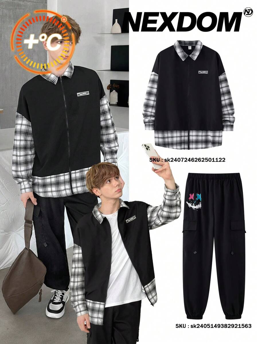 SHEIN Áo sơ mi cổ bẻ 2 trong 1 màu sắc đơn giản thường ngày dành cho bé trai tuổi teen, màu đen với họa tiết kẻ caro đen trắng, phù hợp cho mùa thu, đông, ấm áp, đại học, ở nhà, mặc hàng ngày, thể thao, tiệc sinh nhật, đi chơi, cơ bản và đa năng - Nhiều màu - Xem 1