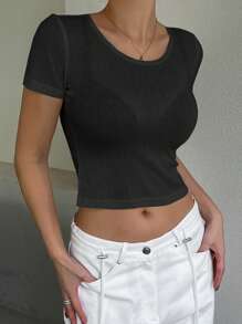 DAZY Áo thun crop top cổ tròn tay ngắn dáng ôm vừa vặn mới cho nữ, mùa thu - màu đen - Xem 5