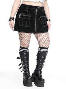 ROMWE Grunge Punk 复古破旧朋克工装口袋大码女式牛仔迷你裙，开学季 - 深灰色 - 查看 8