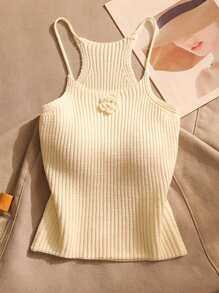 Women's Casual Solid Color 3D Floral Decor Camisole Knit Top, Summer - Black and White - View 4