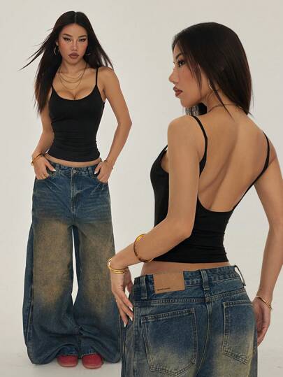 SHEIN PETITE Women's Casual Solid Color Strap Backless Camisole, Summer,Rave Top