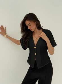 Aloruh Elegant Flared Sleeve Double-Breasted Cardigan, Solid White Simple Casual Shirt