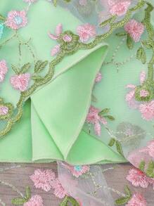 SHEIN Glamorique Kids 女婴春夏优雅公主风绿色碎花网纱泡泡袖连衣裙 - 綠色 - 查看 7