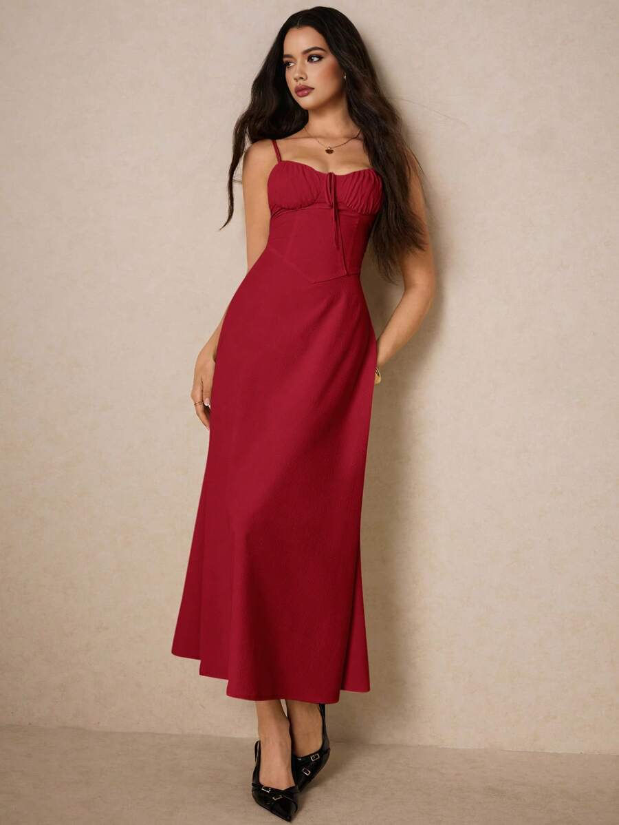 Poéselle Đầm midi không tay buộc dây phía trước màu trơn cho nữ, mùa hè - Màu Đỏ Sâu - Xem 1