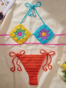 SHEIN Swim 2pcs/Set Women Hand-Crocheted Hollow Backless Swimsuit With Colorblock Cover-Up, Suitable For Beach Holiday For Summer Beach Vacation - Multicolor - View 2