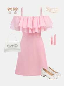 Girlism Tween Girls' Organza Ruffle Trim Spaghetti Strap A-Line Sweet Dress - Pink - View 1