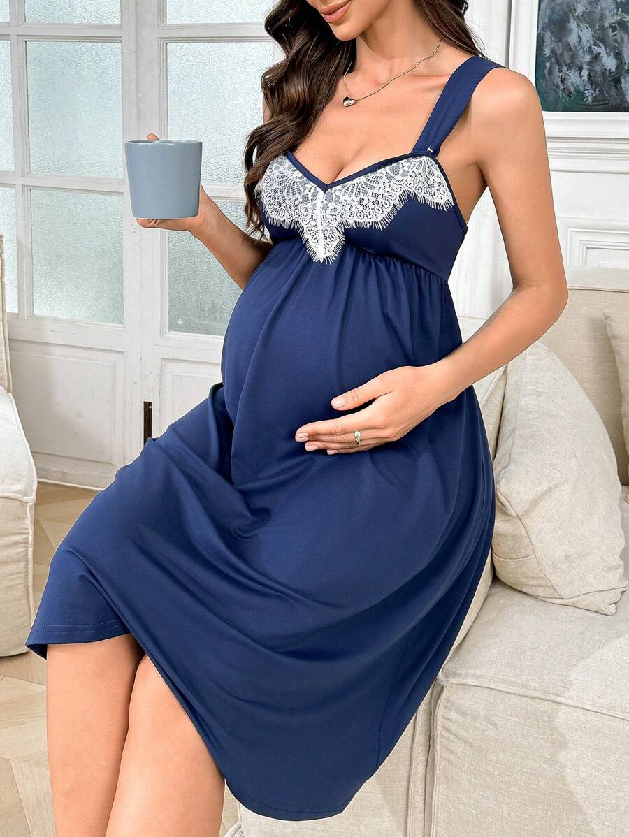 Moonlight & Mama Kontrastfarbiges Spitzenkragen V-Ausschnitt Taille Nachthemd für Schwangere