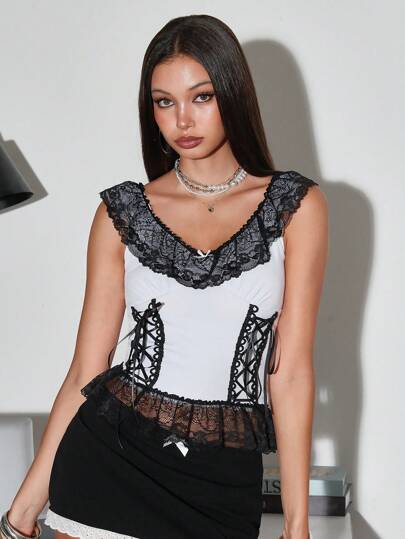 Kawaii Débardeur en dentelle noire Millenial Y2K pour femmes