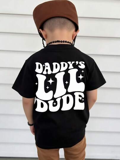 小男孩“Daddy's Lil Dude”字母印花圆领短袖黑色T恤，适合父亲节