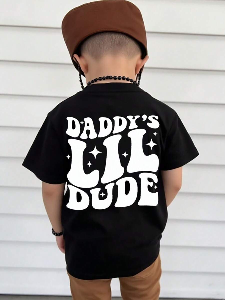 小男孩“Daddy's Lil Dude”字母印花圆领短袖黑色T恤,适合父亲节 - 黑色 - 查看 1