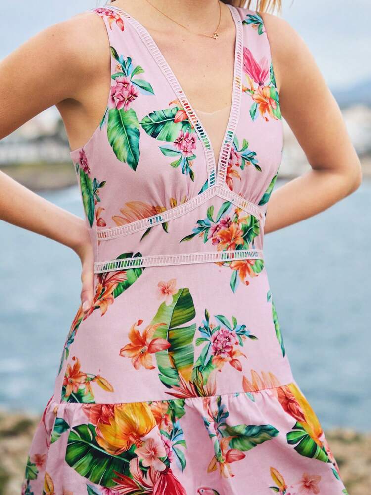 LINEN FLORAL PRINT RUFFLE HEM DRESS