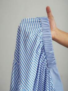 Slaydiva 2pcs Plus Size Women Vacation & Elegant Party Outfit: Blue And White Striped Sleeveless Halter Cropped Top With Tie Waist And Layered Skirt, 2025 Spring/Summer - Blue and White - View 10