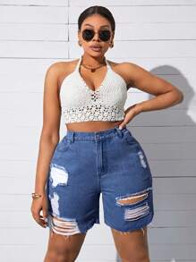 SHEIN SXY Plus Size Distressed Denim Shorts, Fashionable For Summer - Blue - View 3