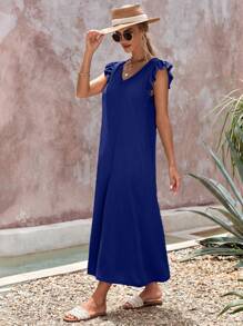 RueChic Vestido de verano de unicolor simple con cuello en V y dobladillo con volantes para mujer