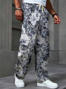 Manfinity Homme Men's Casual Daily Wear, Perfect For Seaside Vacations, Featuring An INS-Style Loose Straight-Leg Long Pants In A Blue-Toned Impressionistic Romantic Floral Color-Woven Texture Jacquard. These Pants Come With An Elastic Waistband And Are Suitable For Hawaiian Beach Getaways, Music Festivals, And Everyday Wear, Making Them An Ideal Gift For Boyfriends Or Husbands. Baggy Pants , Flower Pants Men , Floral Pants Men,Men's Resort-Casual Style, Inspired By INS, Featuring Vintage Spring-Themed Bird, Branch, And Floral Jacquard Loose-Fit Straight-Leg Pants With An Elastic Waistband. Perfect For Music Festivals, Hawaiian Beach Vacations, And Everyday Wear. It Also Makes A Great Gift For A Boyfriend Or Husband. - Light Grey - View 1