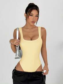 SHEIN EZwear Bộ đồ liền thân hở lưng màu trắng thời trang mùa hè giản dị cho nữ - Màu vàng - Xem 6