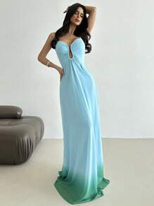 Firerie Boho Women Dress, Fairycore Blue-Green Tie-Dye Mesh Print Spaghetti Strap Hollow Out Loose Long Dress, Elegant For Valentine's Day, Wedding Guest, Summer Hawaiian Holiday, Vacation Outfits Woman - Multicolor - View 5