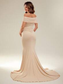 Cheriluna Maternity Women Maternity Fashionable & Comfy Criss-Cross V-Neck Draped Hem Dress For Maternity Photoshoot - Apricot - View 2