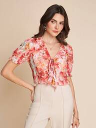 Amorya Blusa de mujer de gasa con cuello en V, mangas abullonadas, lazada y estampado floral efecto tie-dye, elegante para uso diario y ocasiones, para primavera y verano