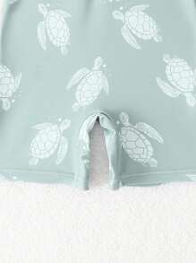 SHEIN Baby Boys Turtle Print Raglan Long Sleeve One-Piece Swimsuit With Sun Hat, Baby Boy Beach Clothes