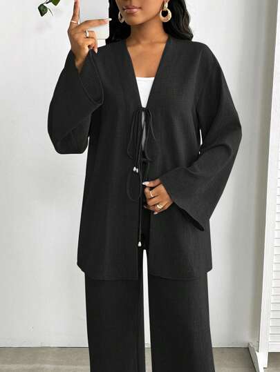 SHEIN Lady 2025 New Clothing Plus Size 2 Pieces Set Women's Casual Front Tie Long Sleeve Top And Pants Set, Solid Size Women's Two Pieces Set Beach Outfits For Woman Business Casual Woman Wedding Guest Dress Women Back To School Fall Women Clothes Teacher Outfits For Women Business Casual Woman Office Outfits For Women Elegant Dresses For Women Work Clothes Women Teacher Vintage Vacation Outfits Women Vacation Boho Two Pieces Lounge Sets Woman 2 Pieces Lounge Sets Women Plus Size Lounge Sets Lounge Sets Plus Size 2pc Set Women Plus