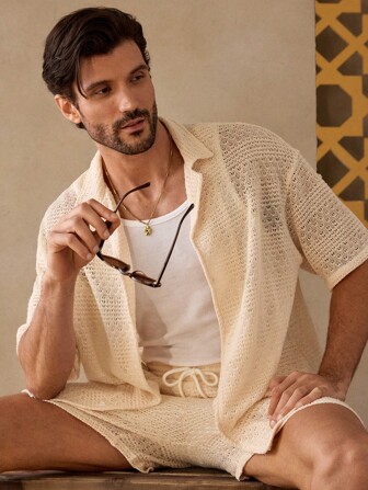 GENTILAND 2 件男士休闲针织提花宽松落肩领短袖衬衫和抽绳腰直筒短裤套装，时尚