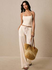 Poéselle Women's Solid Beaded Halter Crop Top, Fashionable And Fitted, Vacation Outfits Woman, Open Back Top, Beach Vacation Outfits, Cute Summer Tops, Going Out Tops, Boho Women's Clothing, European Summer - Apricot - View 2