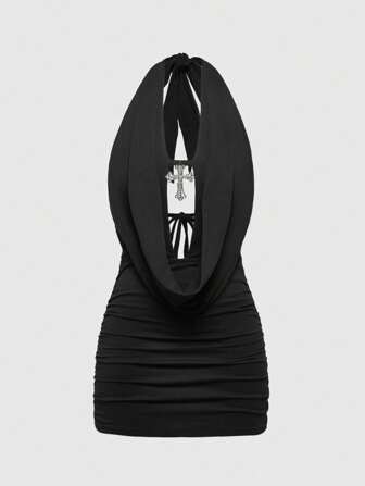 Grunge Punk Vestito mini sexy con incrocio del millennio, collo alla halter e allacciatura in pizzo, per donne