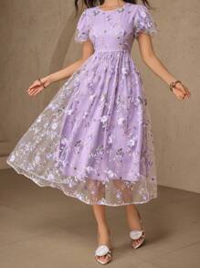 DAZY 女士刺绣全身泡泡袖连衣裙，女士夏季长裙，毕业礼服